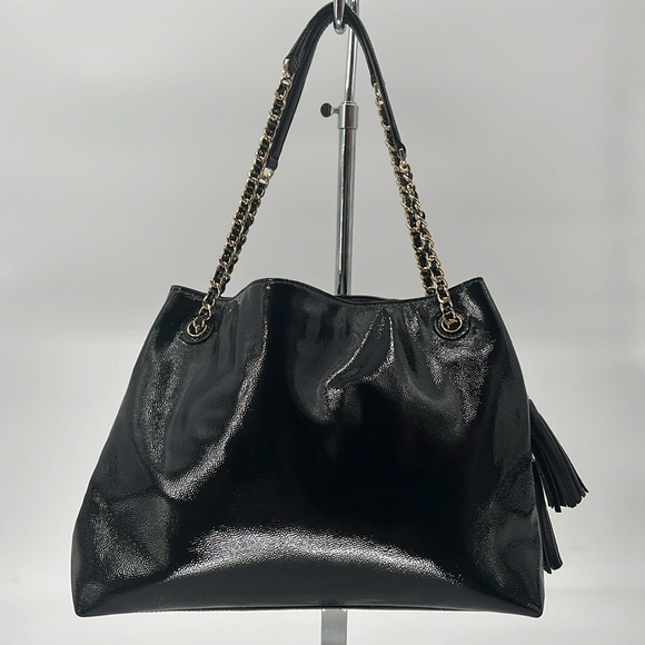 Tory Burch Thea Black Patent Leather Gold Chain Slouchy Leather Shoulder Tote - Picture 3 of 17